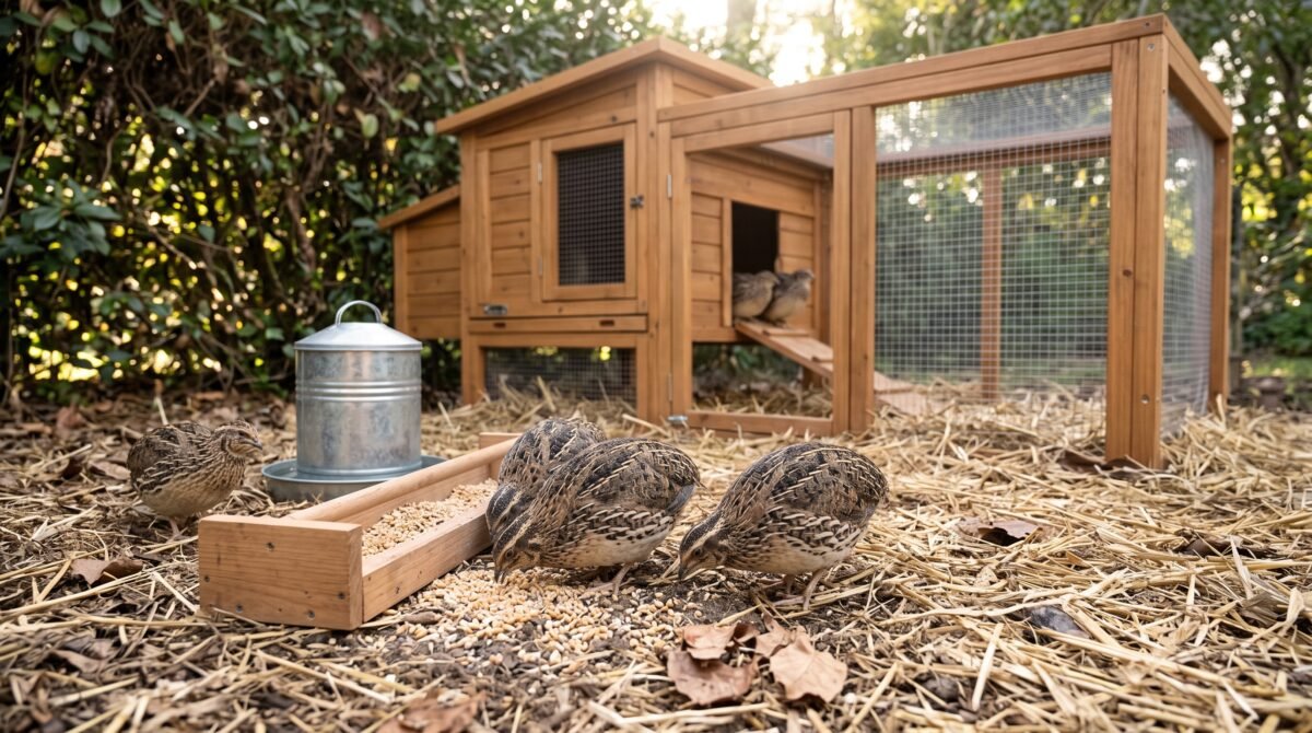 A group of Japanese quails foraging on straw bedding near a wooden feeder and galvanized waterer, next to a small backyard quail coop and outdoor wire mesh run.