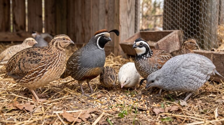 A flock of various quail breeds, including a Coturnix quail, California quail, Bobwhite quail, and Blue Scale quail, foraging for seeds on straw and earth inside a rustic farm enclosure.